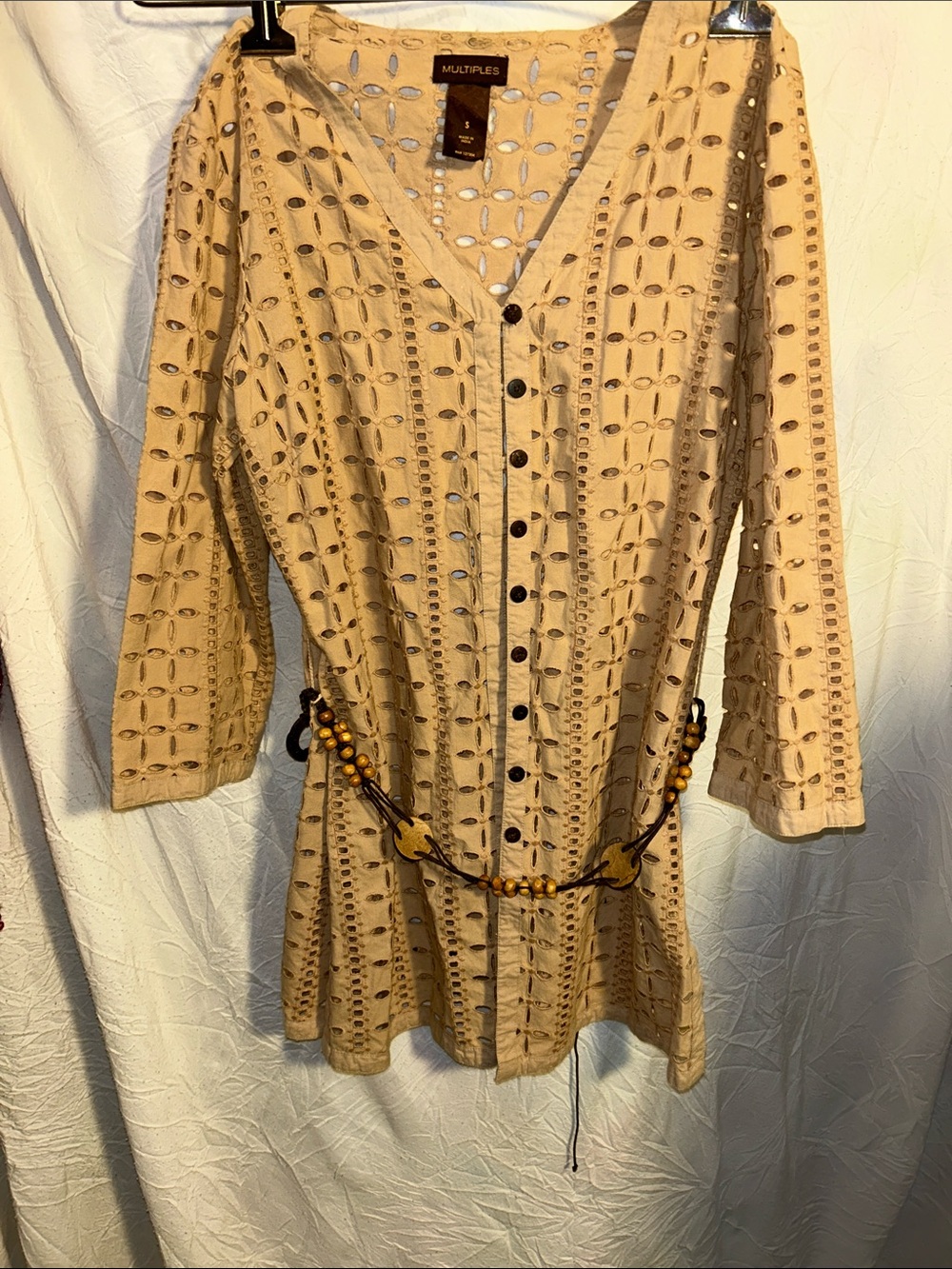 Multiples Beige Eyelet Tunic Topwith Wooden Bead Belt size Small